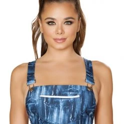 Roma Costume 1pc Denim Print Crop Top With Pocket Front And Overall Buckle Detail