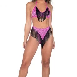 Roma Costume Metallic Printed Bikini Top With Fringe Detail
