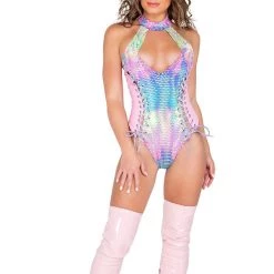 Roma Costume Cutout Multi Colored Romper With Lace-Up Detail Bodysuits