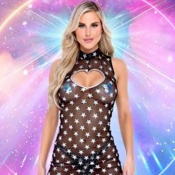 Roma Bodysuits Stars Print Sheer Dress With Heart Cutout