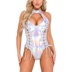 Roma Holographic Lace-Up Romper Bodysuits