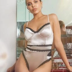 Roma Stretch Satin Teddy With Lace Detail