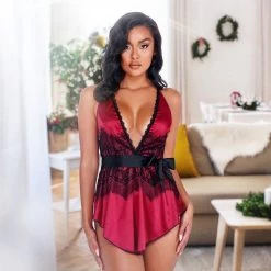 Roma Costume 2pc Satin & Lace Babydoll With Tie Lingerie