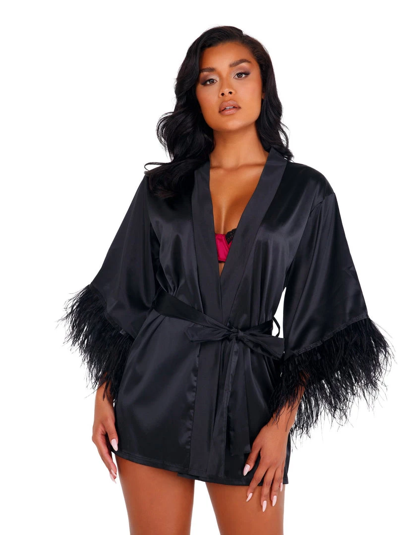 Roma Costume Lingerie Soft Satin Robe With Ostrich Feathered Trim 3 Roma Costume Lingerie Soft Satin Robe With Ostrich Feathered Trim