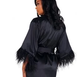Roma Costume Lingerie Soft Satin Robe With Ostrich Feathered Trim