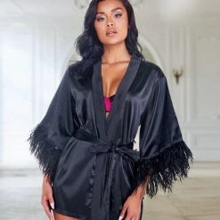 Roma Costume Lingerie Soft Satin Robe With Ostrich Feathered Trim