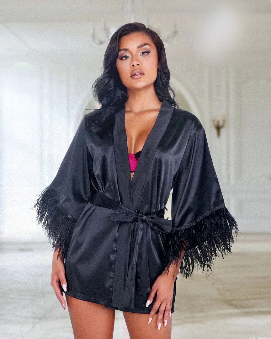 Roma Costume Lingerie Soft Satin Robe With Ostrich Feathered Trim 1 Roma Costume Lingerie Soft Satin Robe With Ostrich Feathered Trim