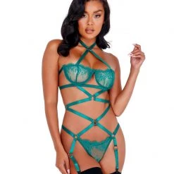 Roma Costume Lacey Criss-Cross Underwired Teddy With Garters Lingerie
