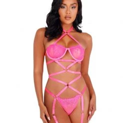 Roma Costume Lacey Criss-Cross Underwired Teddy With Garters Lingerie