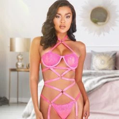 Roma Costume Lacey Criss-Cross Underwired Teddy With Garters Lingerie