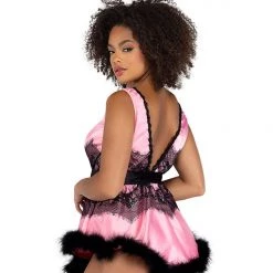 Roma Costume 2PC Satin & Lace Babydoll With Tie & Faux Feather Detail Lingerie