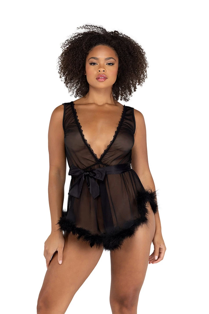 Roma Costume Low Cut Mesh Babydoll With Faux Fur Trim & Satin Tie Lingerie 6 Roma Costume Low Cut Mesh Babydoll With Faux Fur Trim & Satin Tie Lingerie