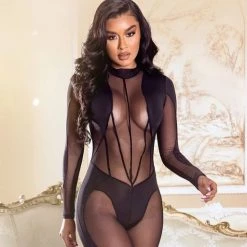 Roma Costume Lingerie Sheer Mesh Detailed Jumpsuit With Zipper Closure