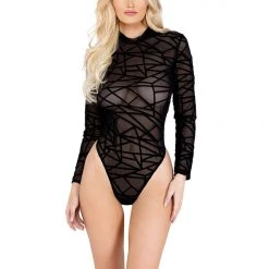 Roma Costume Flocking Detailed Sheer Mesh Bodysuit