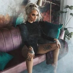 Roma Costume Flocking Detailed Sheer Mesh Bodysuit