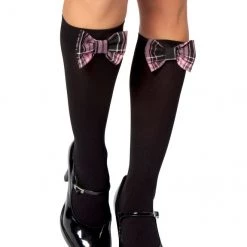 Roma Costume Hosiery Pair Of Black Stockings With Black And Pink Plaid Bow